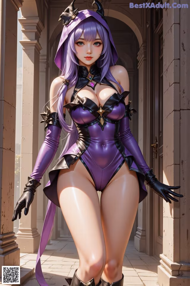 A woman in a purple and black outfit posing for a picture.