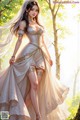 A woman in a wedding dress standing in the woods.