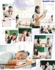 A collage of photos of a girl in a classroom.