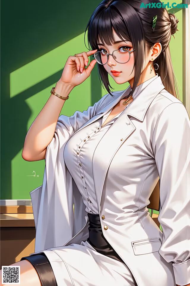 A woman in a white lab coat sitting on a desk.